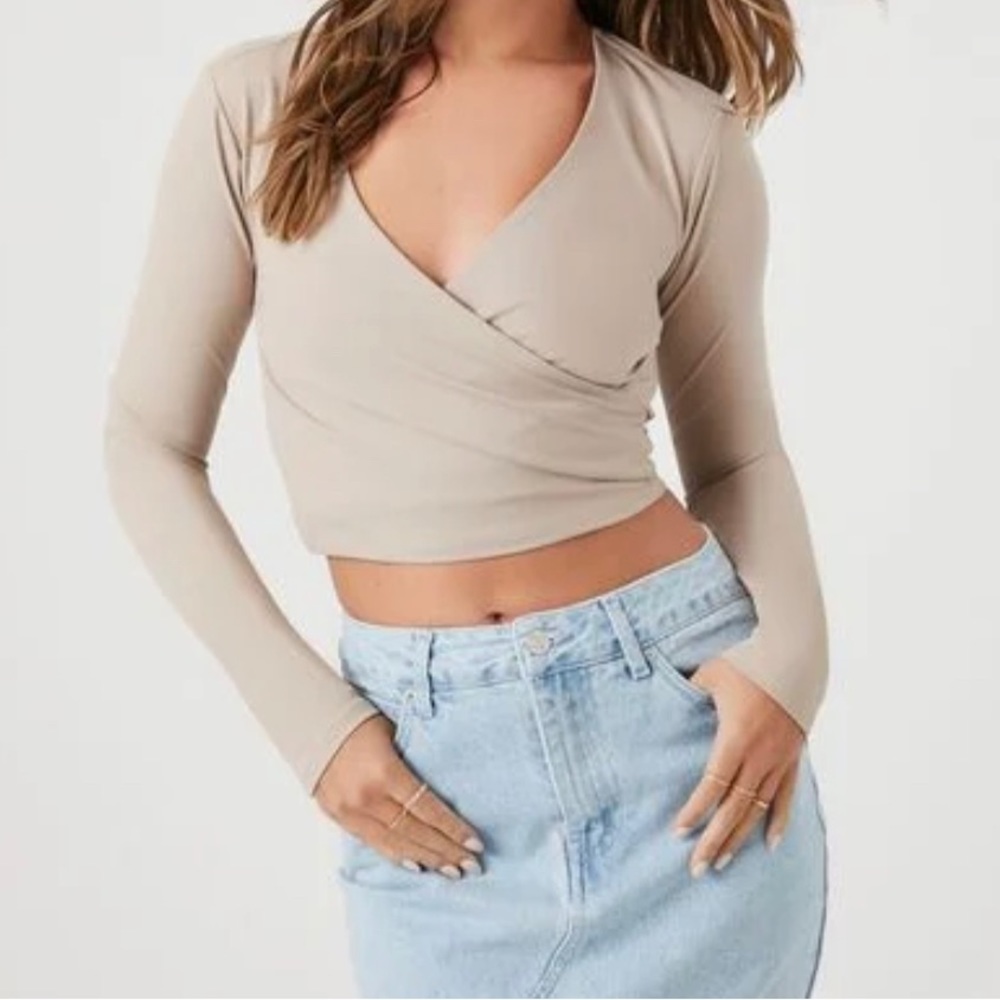 Forever 21 Long Sleeve Tan Cross Wrap Tie Back Top